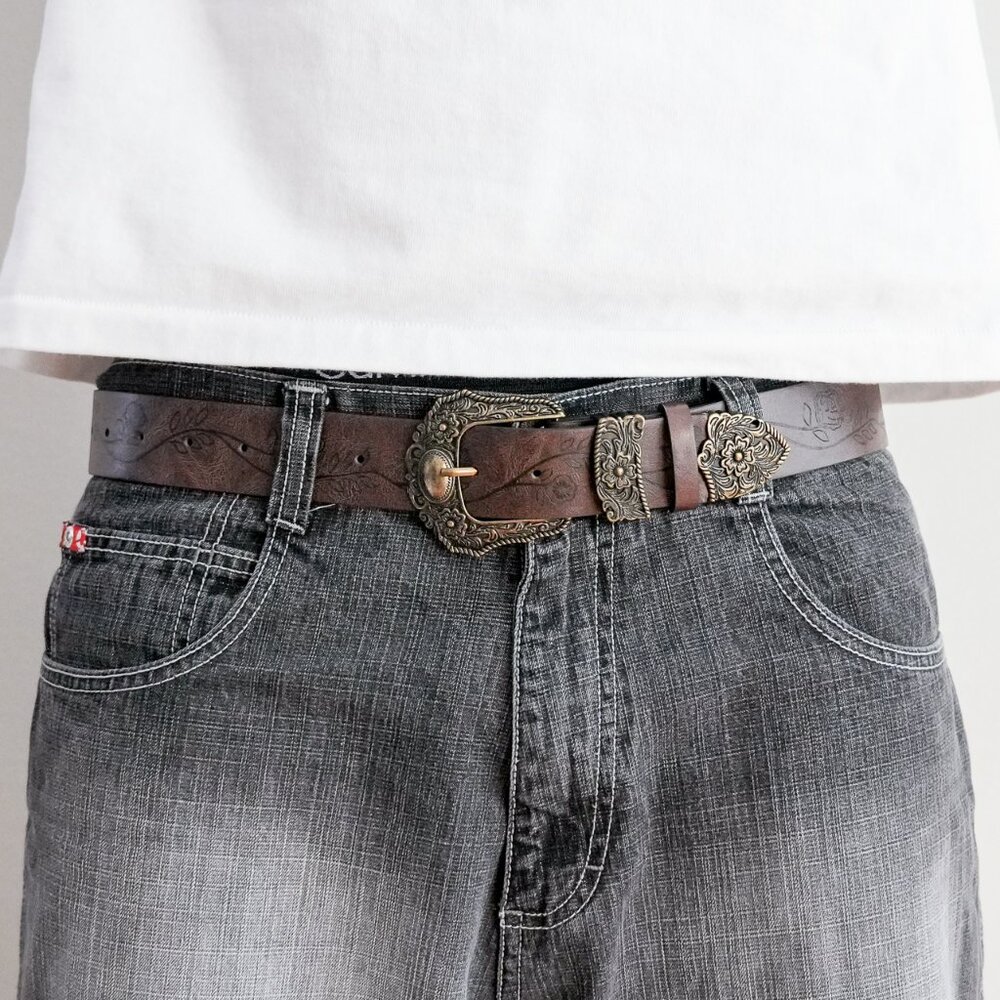 y2k style brown american western floral engraved belt